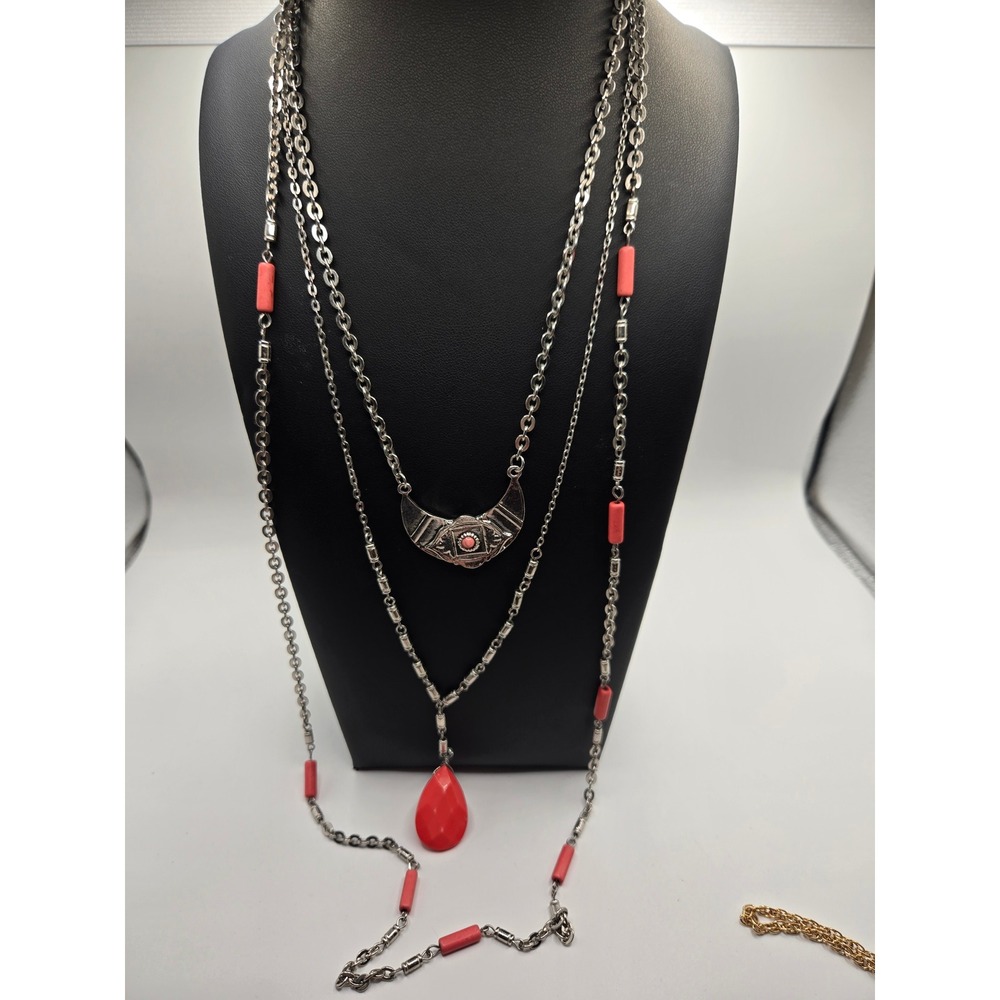 Boho Silver Tone Layered Necklace Coral Red Bead Crescent Teardrop Pendant